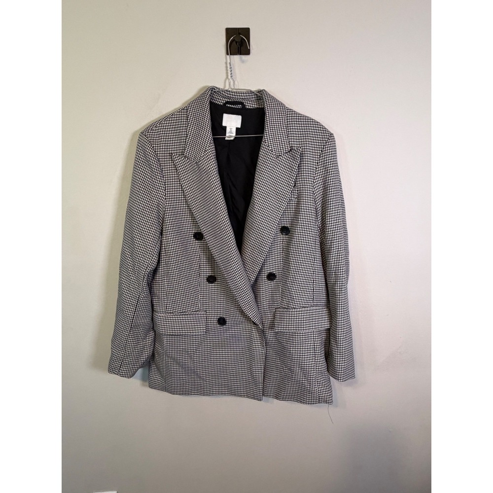 H&M Womens Blazer Double Breasted Houndstooth Black White Size S